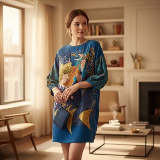  Blue dress with raw-silk sleeve and folk tale embroidery
